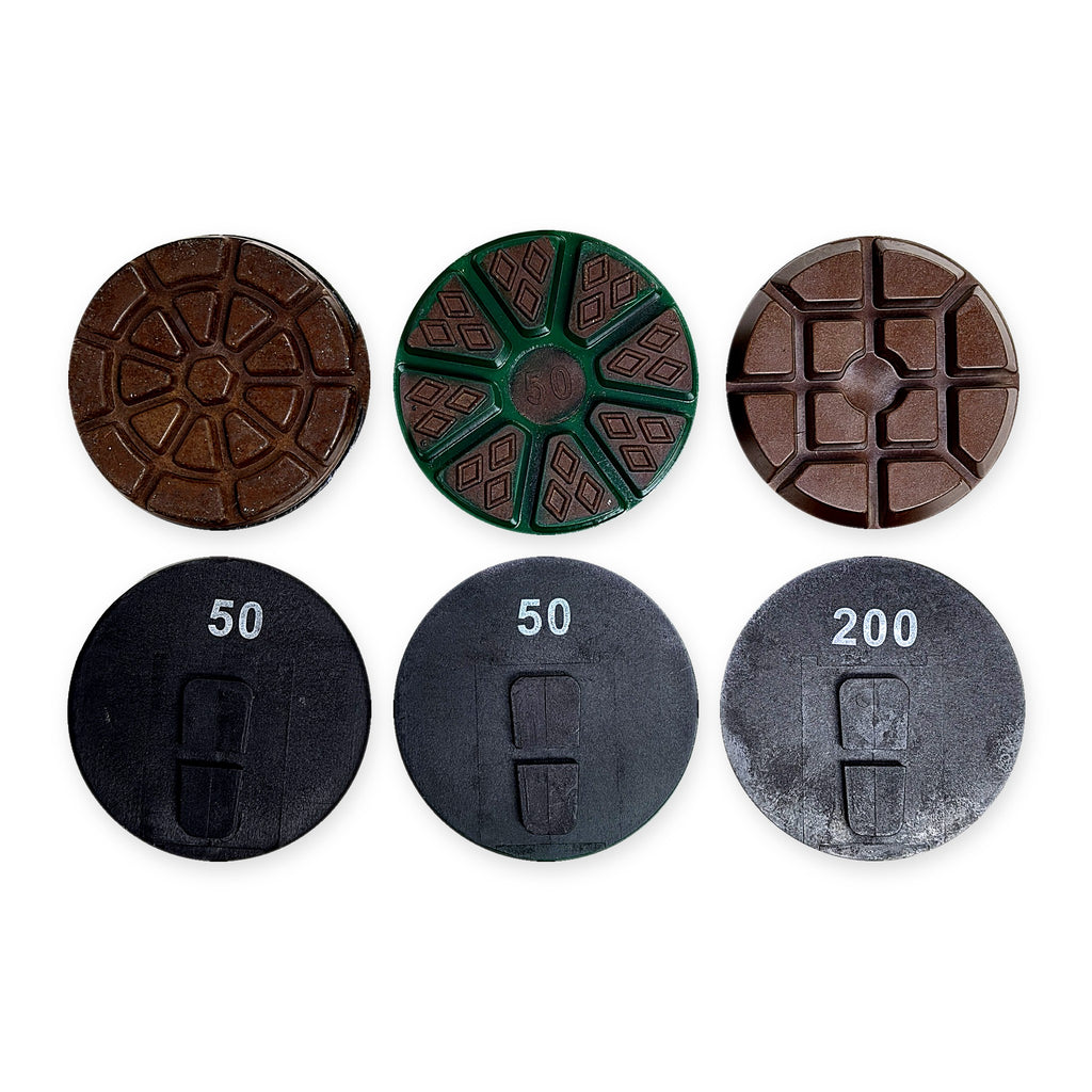 3 inch Terrco direct-mount pads: CeraCut, Ultra CeraOcto and Typhoon resin, front and Speed Shift back – Pro Diamond Tools
